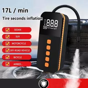 Портативный воздушный компрессор для накачивания шин для автомобиля с автоматическим отключением, велосипедный насос с цифровым манометром и аварийным светом чёрный