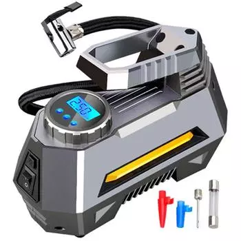 Портативный воздушный компрессор, накачивающий шины, воздушный насос для автомобильных шин с цифровым манометром (150 фунтов на квадратный дюйм, 12 В постоянного тока), яркий аварийный фонарик серый