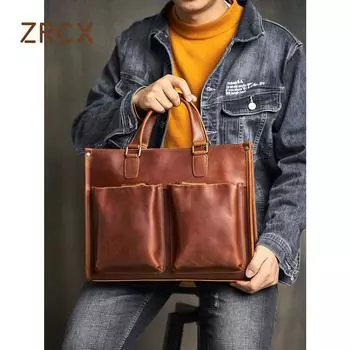 Портфель из натуральной кожи, винтажная мужская сумка, мужская кожаная сумка на плечо Crazy Horse, коричневая деловая модная сумка для ноутбука 14 дюймов коричневый