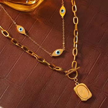 Портрет квадратный кулон «Глаз дьявола» с двойной ключицей, женское легкое роскошное ожерелье из титановой стали с покрытием из 18-каратного золота