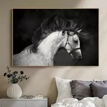 Портрет серой лошади в движении, темная картина на холсте, черно-белые лошади, постеры и принты, настенное искусство с животными для декора гостиной 20cm40cm NoFrame
