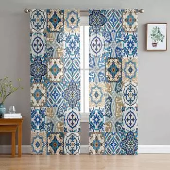 Португальский этнический цветок керамическая плитка тюль прозрачные шторы для гостиной спальни современные вуали органза шторы портьеры W135 x H115cm x1&Rod Pocket