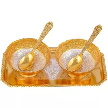 Посеребренная и позолоченная 2-х круглых миски, 2 ложки с подносом и мешочком для сухофруктов, декоративный элемент - 10 см (Алюминий, Золото)