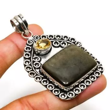 Посеребренная подвеска 925 пробы с серебряным обсидианом и цитрином 2,46 дюйма 2.46 серебряный