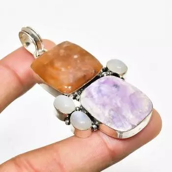 Посеребренная подвеска с русским чароитом и радужным лунным камнем, 2,34 дюйма 2.34 фиолетовый