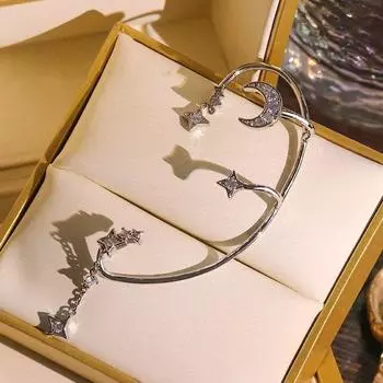 Посеребренные металлические зажимы для ушей со звездами и луной без пирсинга для женщин, серьги-клипсы с сверкающим цирконием, свадебные украшения, подарок