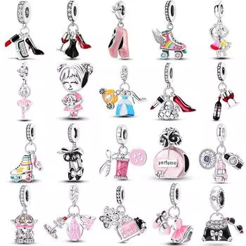 Посеребренные розовые балетные коньки, туфли с подвесками, подходят для оригинального браслета, ожерелье, «сделай сам», бусины для женщин, украшения, подарок