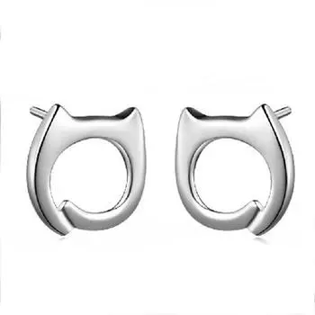 Посеребренные серьги-гвоздики, милые модные женские серьги-гвоздики в виде ленивой кошки, украшения в виде полых кошачьих ушей.