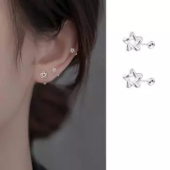 Посеребренные серьги-гвоздики S925 с полыми пятиконечными звездами, женские серьги-гвоздики с индивидуальной линией, плетеные серьги с винтовой пряжкой и звездой