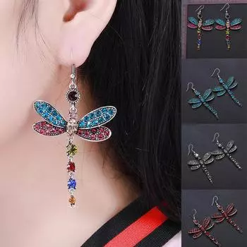 Посеребренные серьги-крючки великолепных цветов со стразами и кристаллами стрекозы красный