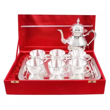 Посеребренный чайник с блюдом на 6 чашек и 1 подносом, сервировочная и столовая посуда, декоративный подарок на Дивали, 8 предметов, серебро