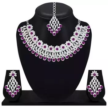 Посеребренный комплект ожерелья Kundan с серьгами и Maang Tikka для женщин, подходит для свадьбы, вечеринки и праздника