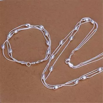 Посеребренный комплект ожерелья S925, серебряный браслет, серебряные украшения, трехлинейный жемчуг, оливковая бусина, ожерелье, браслет, комплект из двух частей