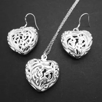 Посеребренный комплект ожерелья S925 серебряный комплект серег серебряные украшения красивые трехмерные серьги с сердечками модный комплект из двух предметов