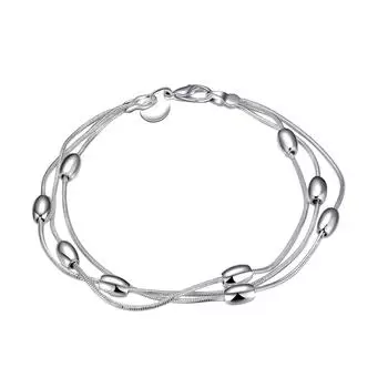 Посеребренный трехрядный легкий браслет из бусин с оливковыми бусинами - европейская и американская бижутерия. olive beads bracelet серебряный