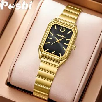 POSHI простые маленькие квадратные женские часы из сплава, модные повседневные женские кварцевые часы, женские водонепроницаемые часы