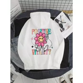 Positive Vitalty Smiling Flower Women Sweatshirt Fashion Casual Hooded Vintage Loose Hoodies Korean Fleece Warm Female Clothes S