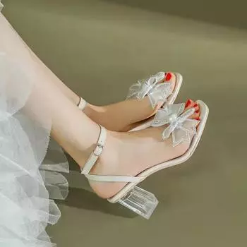 Последние летние женские сандалии с квадратной головкой, модная женская обувь на высоком каблуке с кристаллами и толстым каблуком, женская обувь с пряжкой на щиколотке и ремешком 34 белый