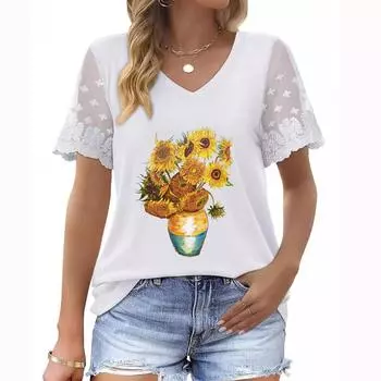 Последние новинки женской моды больших размеров: Топ с короткими рукавами и V-образным вырезом, с кружевными рукавами и принтом на лето S