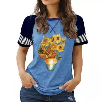 Последние новинки женской моды больших размеров: Топ с круглым вырезом и короткими рукавами с цветочным принтом на лето S