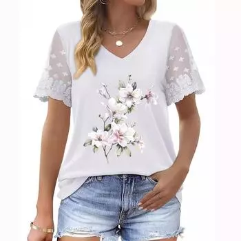 Последние новинки женской моды больших размеров: Топ с короткими рукавами и V-образным вырезом, с кружевными рукавами и принтом на лето S