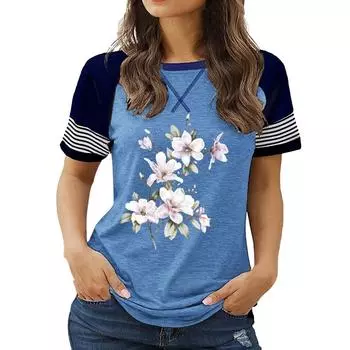 Последние новинки женской моды больших размеров: Топ с круглым вырезом и короткими рукавами с цветочным принтом на лето S