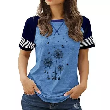 Последние новинки женской моды больших размеров: Топ с круглым вырезом и короткими рукавами с цветочным принтом на лето S