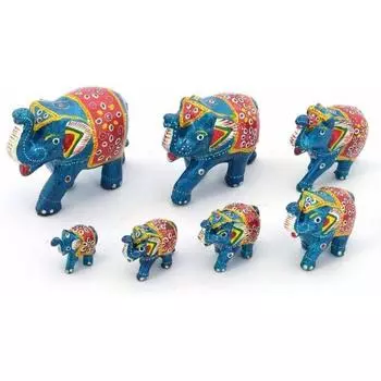 Последовательность слонов 7 предметов Канха Джи Пуджа Комната и подарочный предмет для дома Декоративный экспонат - 10 см (Папье-маше, светло-голубое)