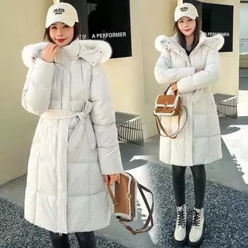 Поставка Утолщенный пояс вниз хлопковая одежда женская зимняя длинная талия хлопчатобумажная подкладка пальто M чёрный