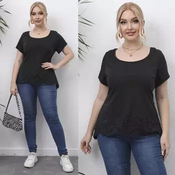 Поставка женской одежды большого размера с круглым вырезом и выжженным цветком, повседневная футболка с коротким рукавом для женщин 0XL/L чёрный
