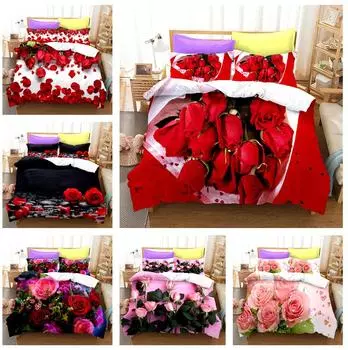 Постельное белье для пар на День святого Валентина, женское, романтическое, с розами, пододеяльник, наволочка, 2/3 шт., полноразмерное, с 3D-печатью, удобное, подарок на кровать Baby 100x135cm