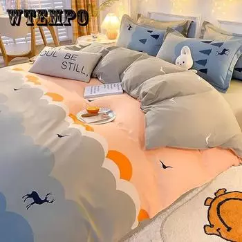 Постельное белье из четырех предметов, хлопковое пододеяльник, одинарный и двойной наматрасник с мультяшным принтом, постельное белье для спальни, пододеяльник 1.5m