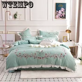 Постельное белье из четырех предметов, комплект кружевных простыней с листьями лотоса, комплект подушек, хлопковый комплект постельного белья для дома, спальни, свежий воздух Queen4pcs