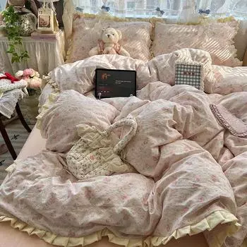 Постельное белье класса А для матерей и младенцев, двухслойное кружевное покрывало из жатой пряжи «облако», комплект из 4 предметов: простыня и 3 предмета для студенческого общежития 1.2 bed sheet quilt cover 150x200 three-piece set