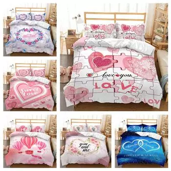 Постельное белье на День святого Валентина, односпальная двуспальная кровать, полноразмерная роскошная семейная кровать, наволочка и пододеяльник, 2/3 кусочка микрофибры UK Single 135x200cm