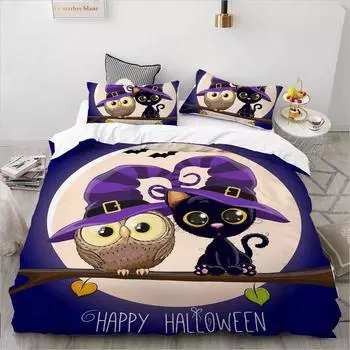 Постельное белье на Хэллоуин King/Queen, комплект постельного белья с 3D-мультяшным принтом для детей/младенцев/детей, комплект пододеяльников Single, комплект стеганого одеяла/покрывала сова 135x200cm 3pcs