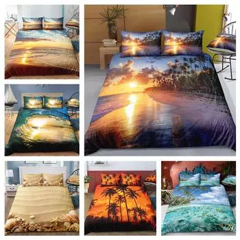 Постельное белье с 3D-принтом океана, односпальная двуспальная кровать, полноразмерная наволочка и пододеяльник, 2 или 3 пейзажных узора, моющееся и удобное украшение для дома UK Single 135x200cm