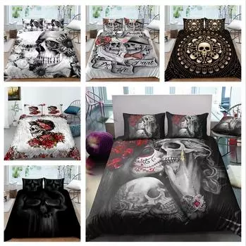 Постельное белье с 3D-принтом в виде головы черного черепа, односпальная двуспальная кровать, полноразмерная наволочка со специальным принтом в виде головы черепа и пододеяльник, 2 или 3 удобных украшения для дома UK Single 135x200cm