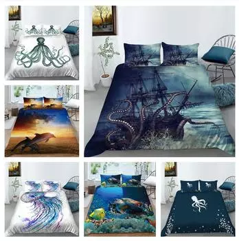 Постельное белье с 3D принтом морских животных, односпальная двуспальная кровать, полноразмерная наволочка и пододеяльник, 2 или 3 ткани из микрофибры, удобное украшение для дома UK Single 135x200cm