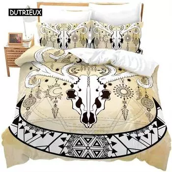 Постельное белье с экзотическим бычьим черепом, комплект постельного белья в стиле бохо, пододеяльник из микрофибры, перьевое одеяло, украшение для спальни EU single(135x200cm)