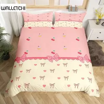 Постельное белье с бантом и девчачьим рисунком в виде вишневого торта, комплект постельного белья с рисунком в виде милых точек, сердечек с бантом, розовый кавайный пододеяльник EU Single(135x200cm)