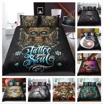 Постельное белье с черной головой черепа, односпальная двуспальная кровать, полноразмерная наволочка и пододеяльник, 2 или 3 цвета, узор головы черепа, удобное украшение для дома UK Single 135x200cm