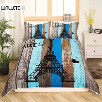 Постельное белье с изображением Эйфелевой башни, размер King, комплект постельного белья с изображением Парижской башни для мальчика и девочки из полиэстера с изображением Парижского городского пейзажа и деревянной текстурой, пододеяльник EU single(135x20
