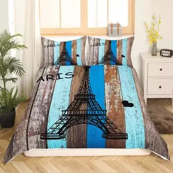 Постельное белье с изображением Эйфелевой башни, комплект постельного белья размера King, для мальчика и девочки, полиэстер, Парижский городской пейзаж, деревянная текстура, пододеяльник EU single(135x200cm)