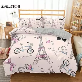Постельное белье с изображением Эйфелевой башни King Paris Eiffel Tower Themed Постельное белье из полиэстера с городским пейзажем и романтическим розовым сердечком EU single(135x200cm)