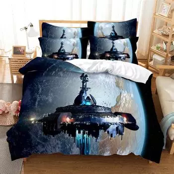 Постельное белье с изображением космоса, комплект из 3 предметов, цифровая печать, мультяшный рисунок, полотняное переплетение, для рукоделия, для Северной Америки и Европы, комплект постельного белья Queen EU single(135x200cm)