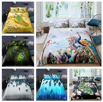 Постельное белье с перьями животных, павлиний пух, пододеяльник, наволочка, 2/3 шт., женская кровать размера «king-size», покрывало для кровати размера «queen-size», подарок, 3D-печать, подарочная ткань из микрофибры Baby 100x135cm