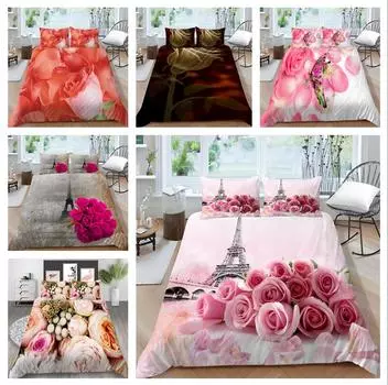Постельное белье с принтом розы. Полноразмерная наволочка с цветочным узором в виде железной башни и пододеяльник подходят для украшения дома девочек и женских комнат. UK Single 135x200cm