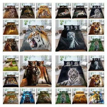Постельное белье с принтом тигра, комплект пододеяльников из полиэстера, мужской одинарный двойной размер, домашний текстиль, мягкое пододеяльник, наволочка UK Single 135x200cm