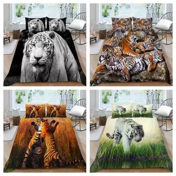 Постельное белье с принтом тигра, пододеяльник в животном стиле для мужчин и женщин, одинарный двойной размер, полиэстер, декор для спальни UK Single 135x200cm